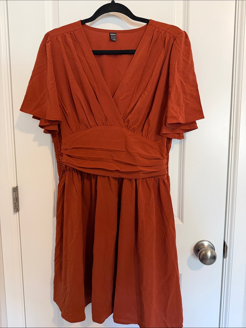 SHEIN Rust Orange V-Neck Pleated Waist Midi Dress
